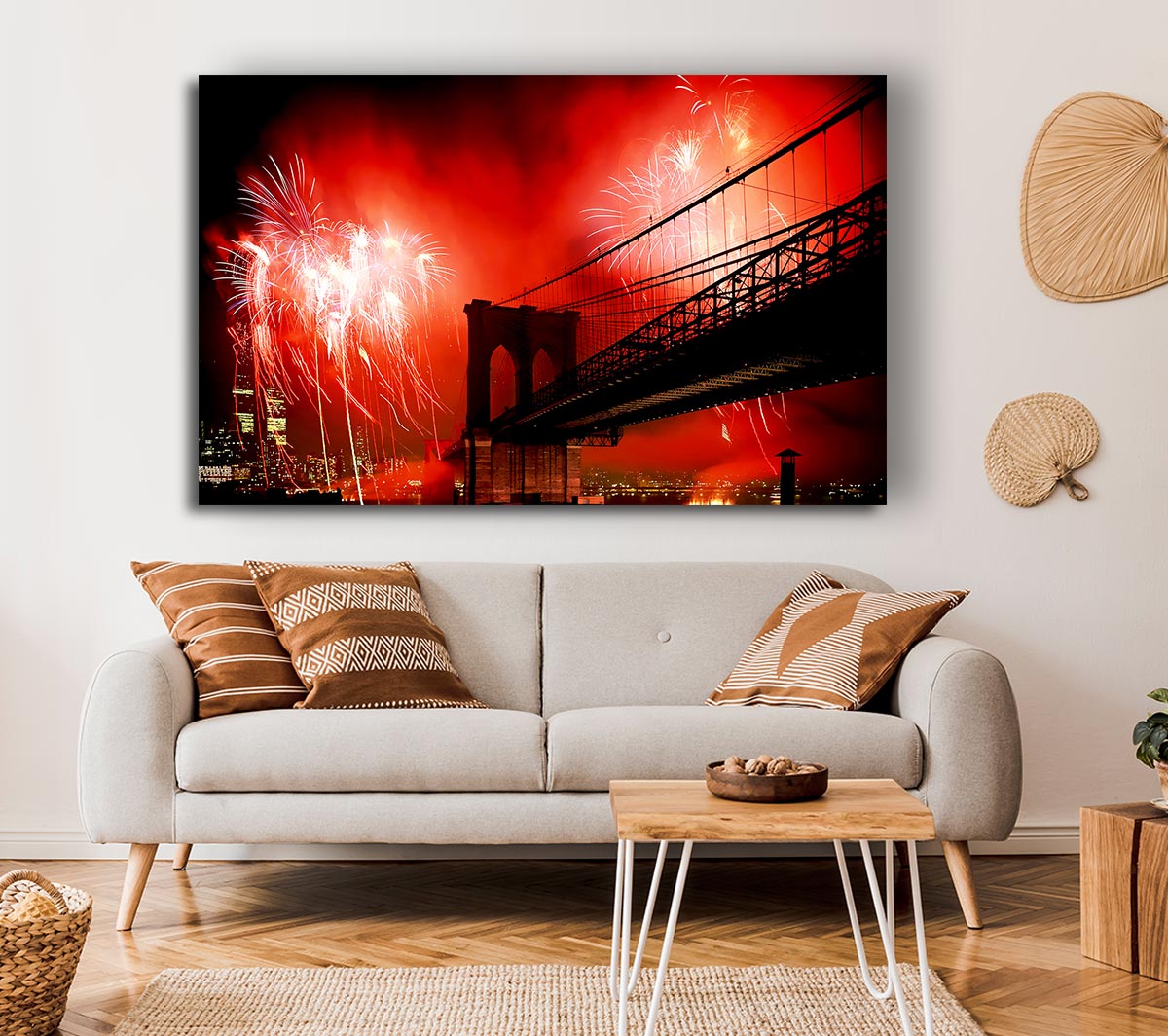 New York City Brooklyn Bridge Fireworks Red