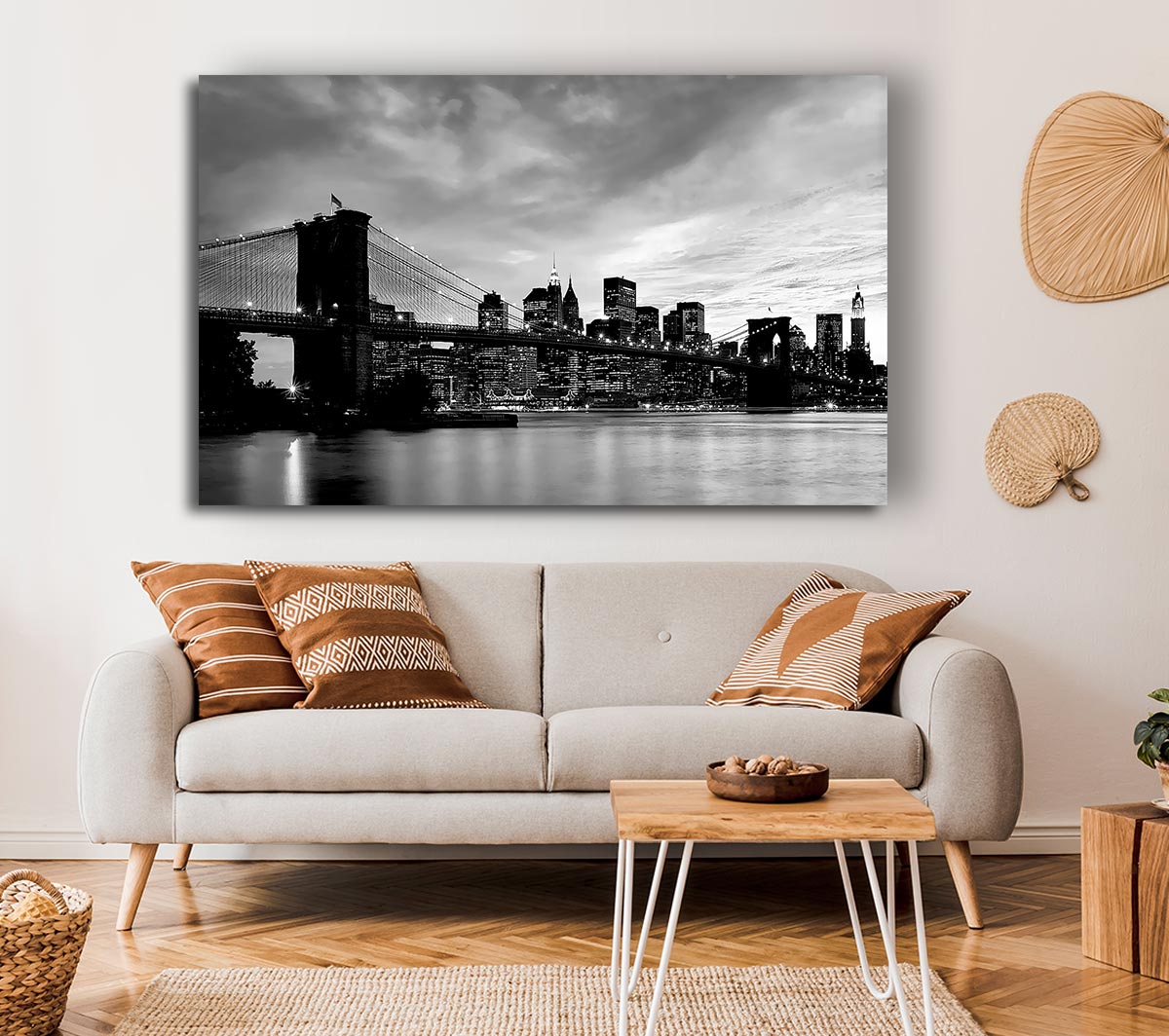 NYC Brooklyn Bridge B n W Cloudy Night