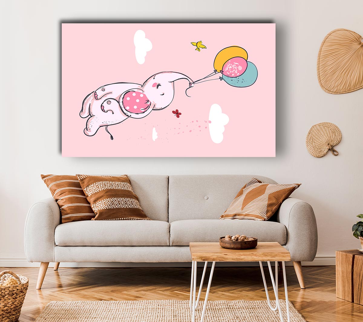 Pink Elephant Floating On Balloons