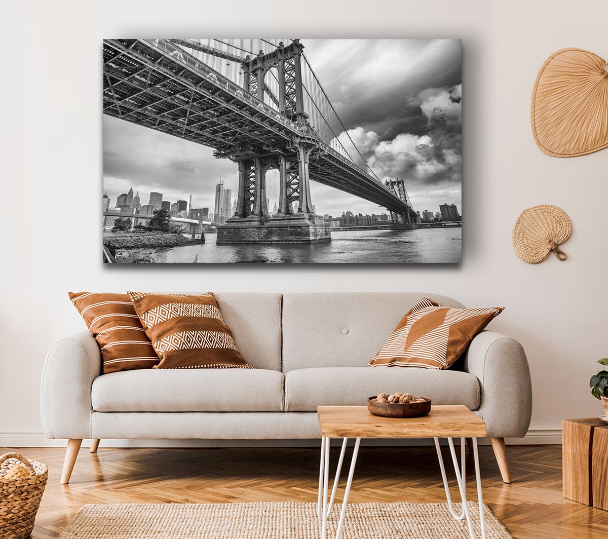NYC black and white bridge under clouds