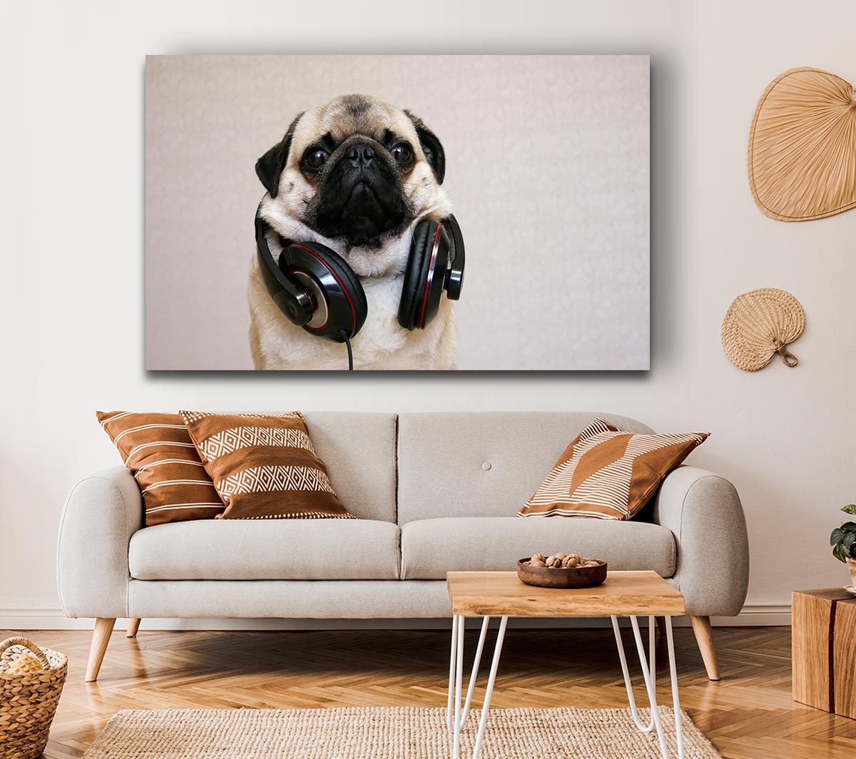 Cool pug wearing headphones