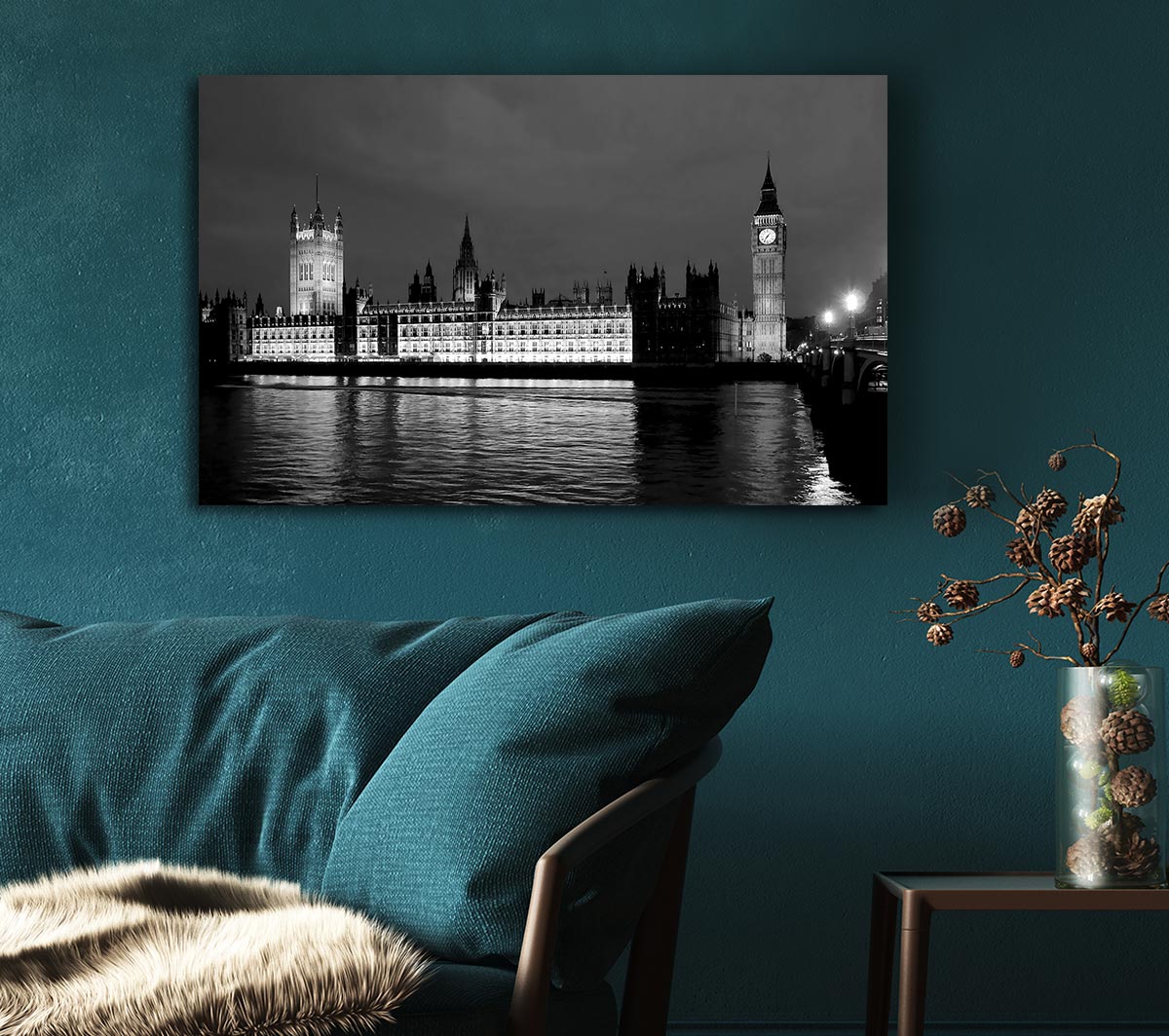 London Thames Houses Of Parliament B n W Night