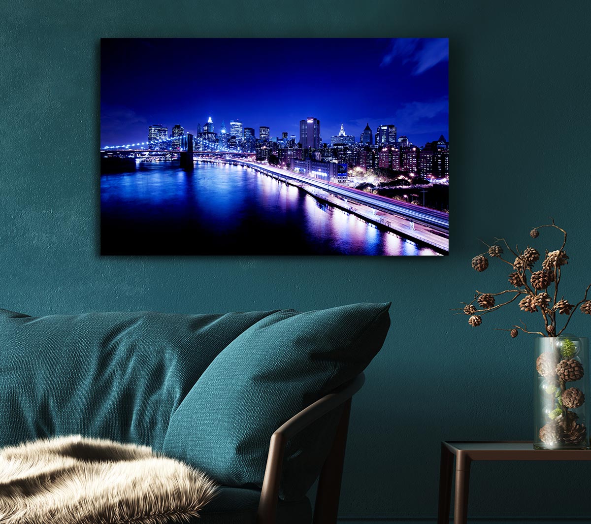 New York City Brooklyn Bridge Ariel Night View