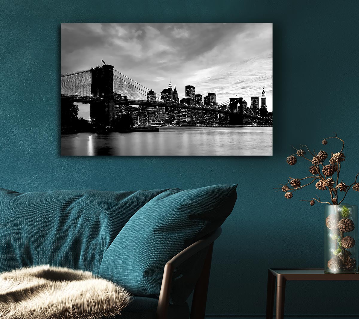 NYC Brooklyn Bridge B n W Cloudy Night