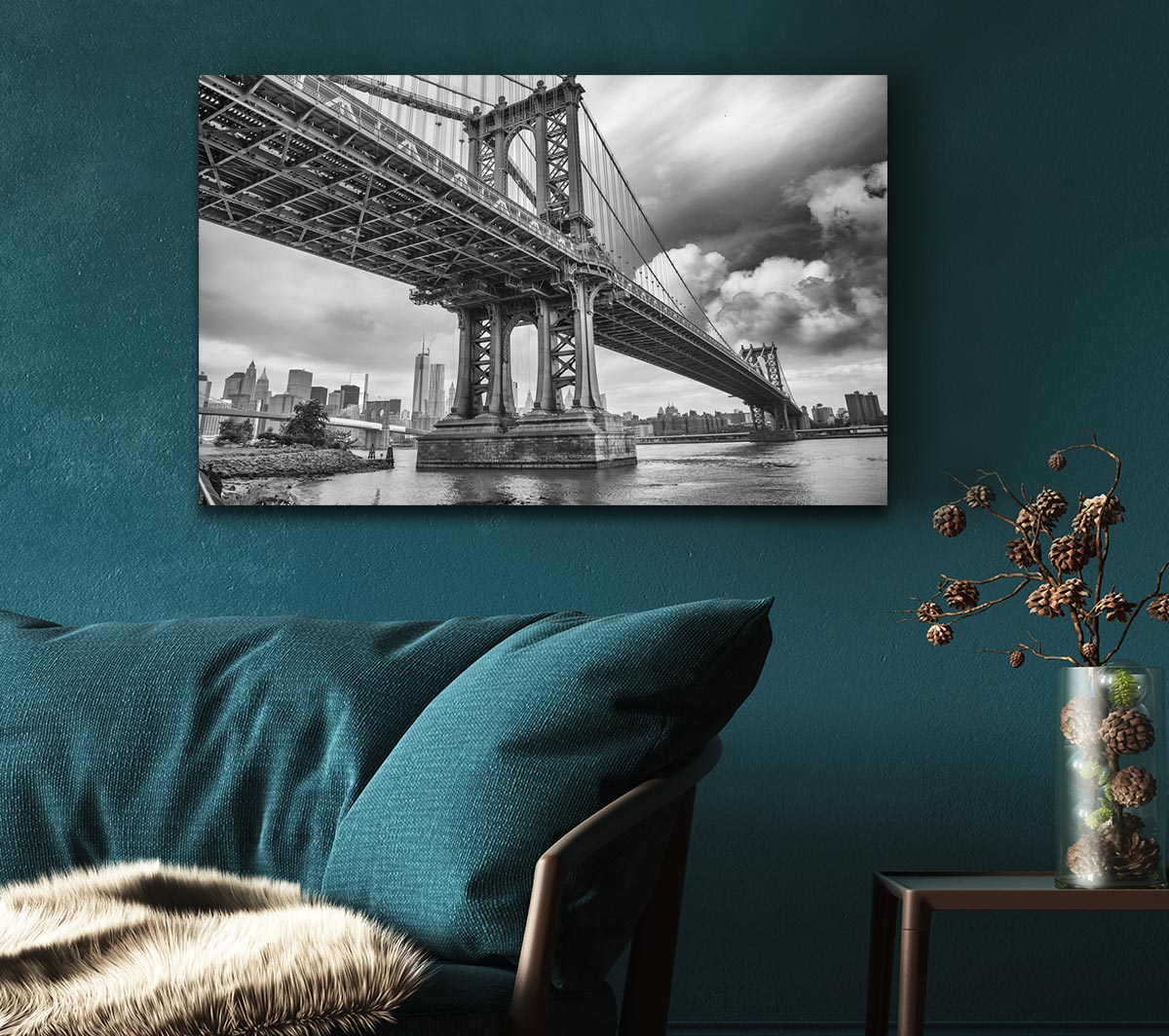 NYC black and white bridge under clouds