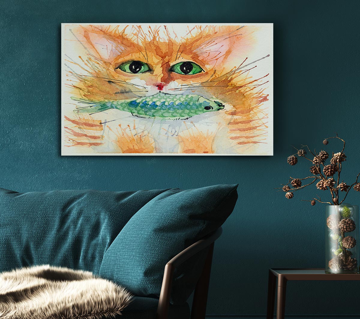 Watercolour Cat With Fish