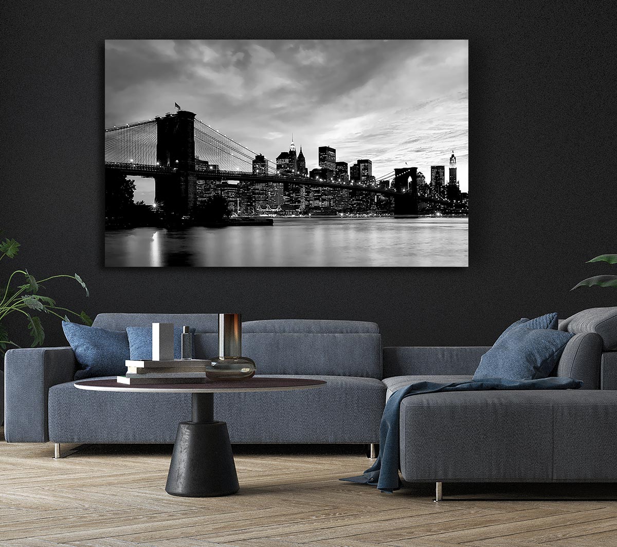 NYC Brooklyn Bridge B n W Cloudy Night