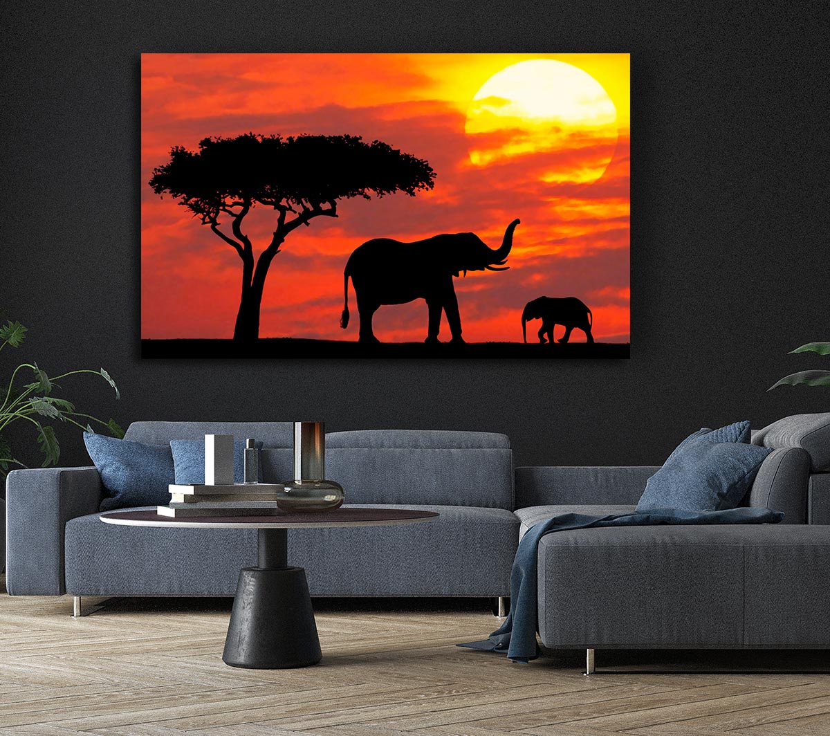 Mother And Baby Elephant Silhouetted At Sunrise Kenya