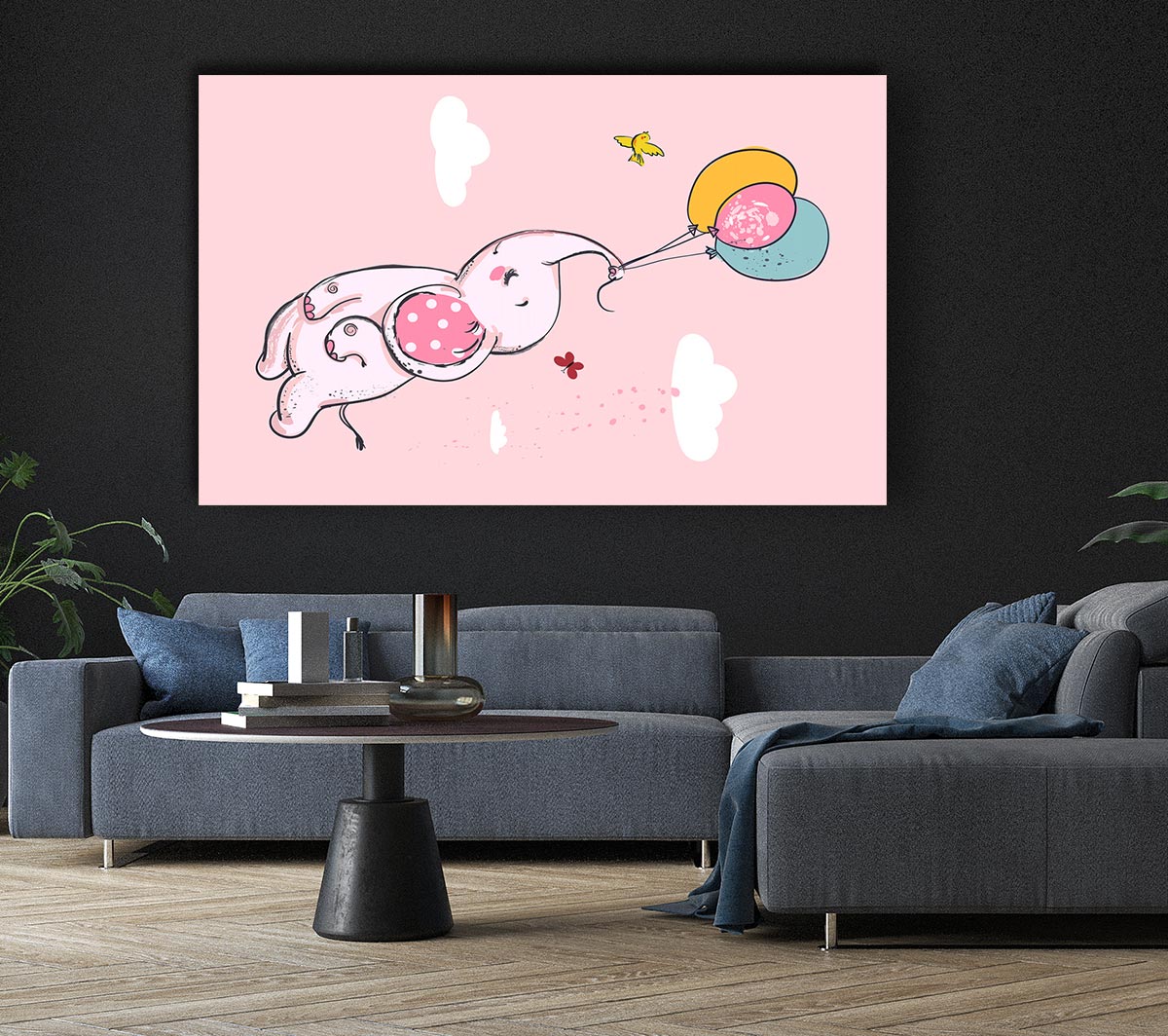 Pink Elephant Floating On Balloons