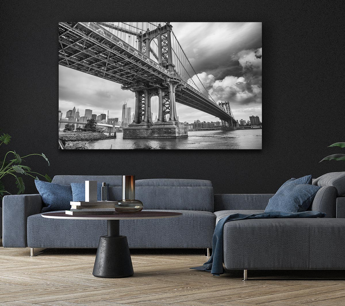 NYC black and white bridge under clouds